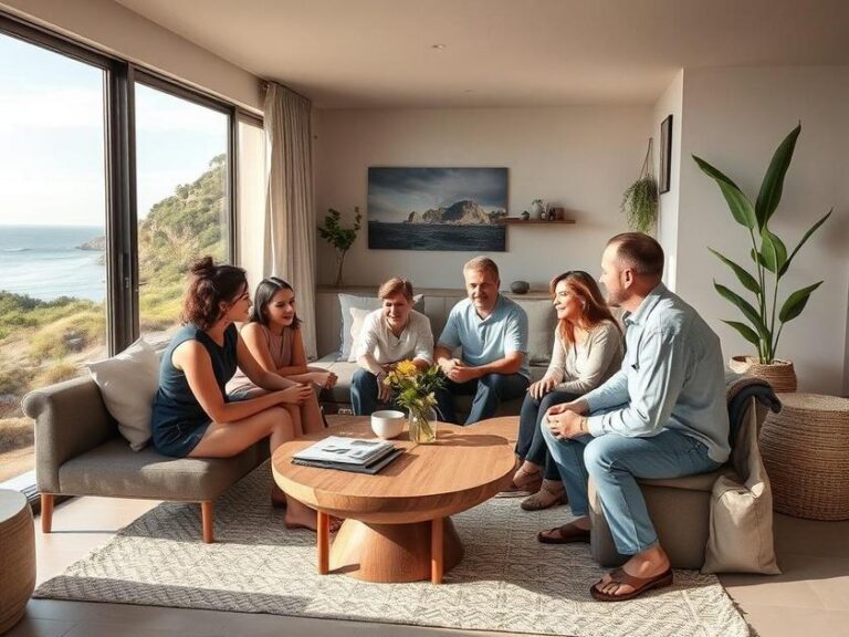 Família diversificada visitando imóvel com vista para o mar em São Pedro da Aldeia, transmitindo felicidade e segurança na compra.