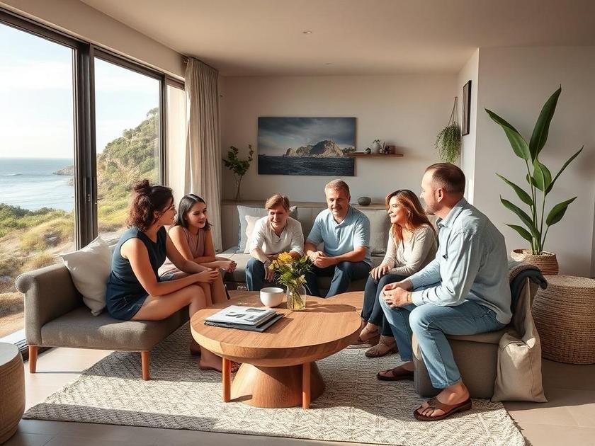 Família diversificada visitando imóvel com vista para o mar em São Pedro da Aldeia, transmitindo felicidade e segurança na compra.