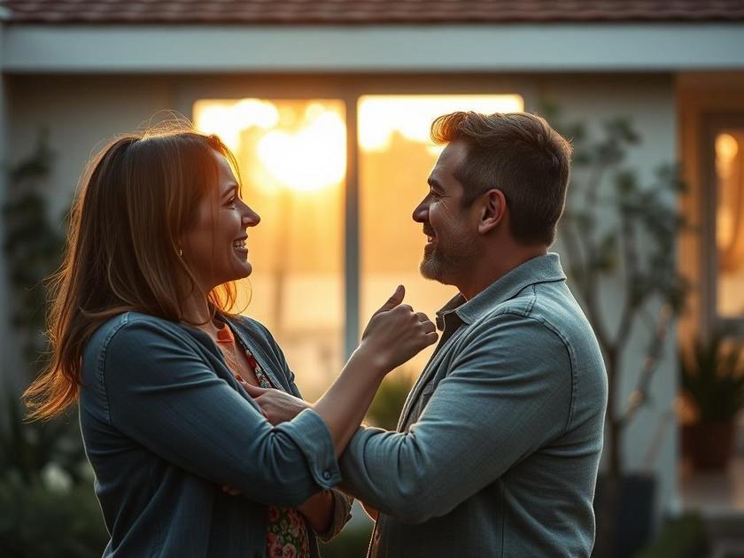 Casal jovem feliz observando imóvel em São Pedro da Aldeia com jardim, destacando a compra do primeiro imóvel.