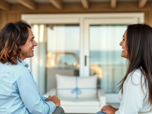 Casal diversificado conversando com corretor de imóveis à beira-mar enquanto analisam opções de compra na Região dos Lagos.