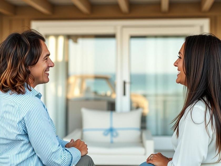 Casal diversificado conversando com corretor de imóveis à beira-mar enquanto analisam opções de compra na Região dos Lagos.