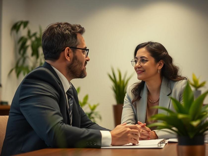 Casal diversificado em escritório de advocacia discutindo sobre compra de imóvel em São Pedro da Aldeia.