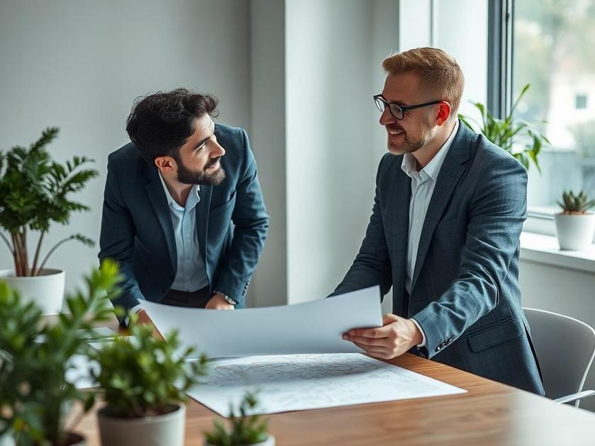 Cliente jovem discutindo com corretor sobre compra de imóvel em escritório imobiliário moderno e iluminado.