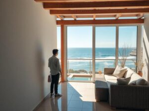 Comprador experiente visitando imóvel à beira-mar em São Pedro da Aldeia, com vista para o mar.