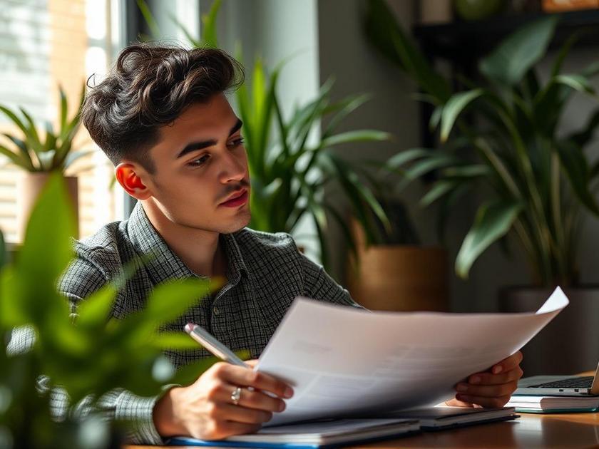 Casal jovem revisando documentos em escritório moderno para compra de imóvel em São Pedro da Aldeia.