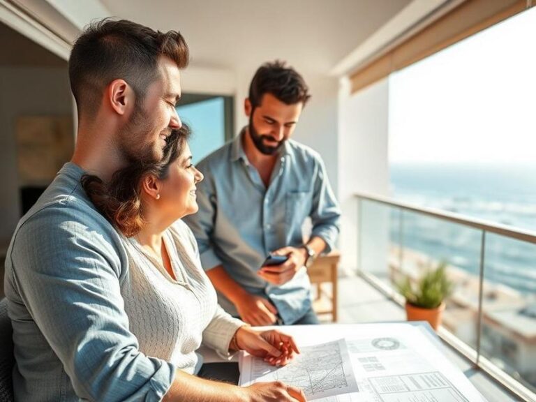 Casal planejando a compra de um imóvel sentado em uma varanda com vista para o mar, transmitindo entusiasmo e segurança.