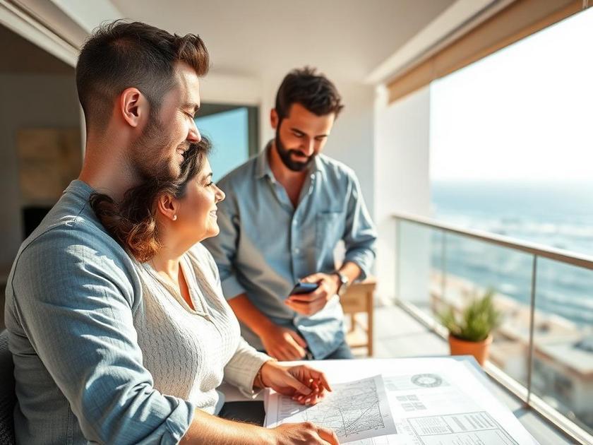Casal planejando a compra de um imóvel sentado em uma varanda com vista para o mar, transmitindo entusiasmo e segurança.