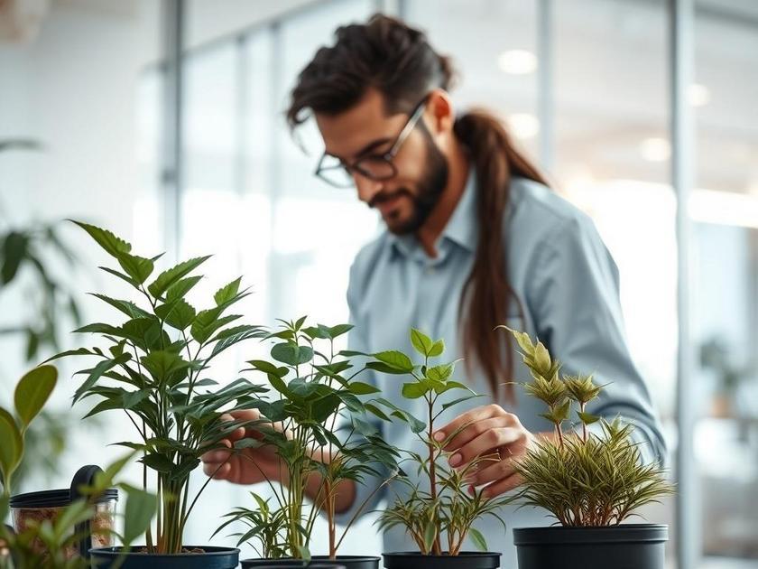 Casal diversificado analisando plantas de imóveis em escritório de imobiliária com paredes de vidro.