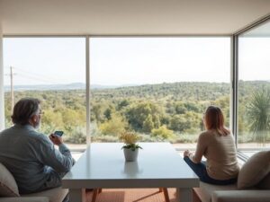 Família multiétnica visitando imóvel em São Pedro da Aldeia com vista para a natureza e ambiente acolhedor.