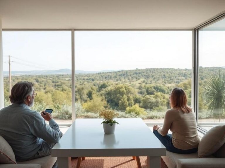 Família multiétnica visitando imóvel em São Pedro da Aldeia com vista para a natureza e ambiente acolhedor.