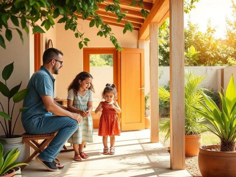 Família visitando imóvel em São Pedro da Aldeia com fundo de casa aconchegante rodeada por áreas verdes.