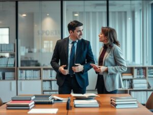 Inquilino e proprietário discutindo direitos e deveres em escritório de advocacia, simbolizando parceria e entendimento.