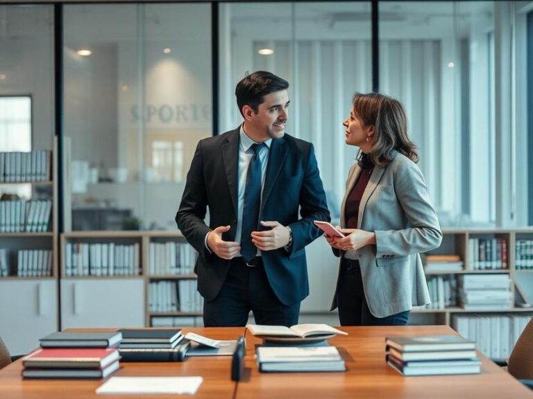 Inquilino e proprietário discutindo direitos e deveres em escritório de advocacia, simbolizando parceria e entendimento.