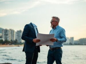 Comprador e corretor de imóveis discutindo proposta em frente à praia de São Pedro da Aldeia.