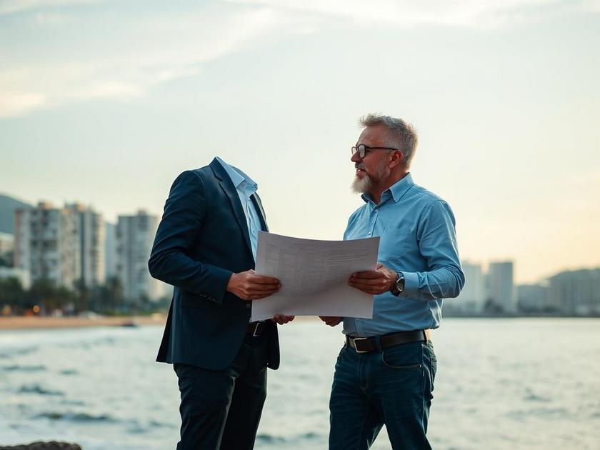 Comprador e corretor de imóveis discutindo proposta em frente à praia de São Pedro da Aldeia.