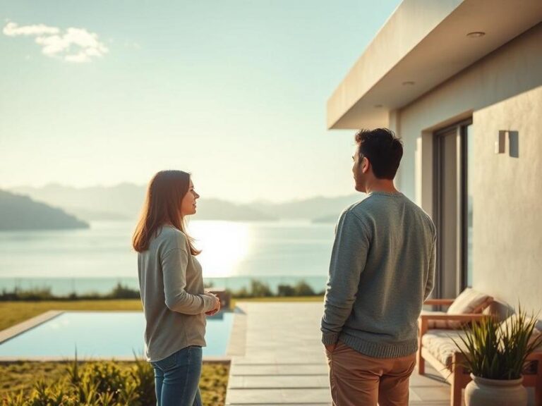 Casal jovem observando imóvel moderno à beira do lago em São Pedro da Aldeia/RJ durante visita.