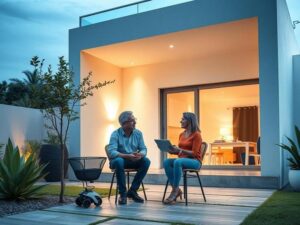 Casal discutindo a compra de imóvel em São Pedro da Aldeia, com jardim ao fundo em cenário moderno.