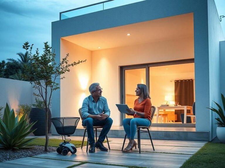 Casal discutindo a compra de imóvel em São Pedro da Aldeia, com jardim ao fundo em cenário moderno.