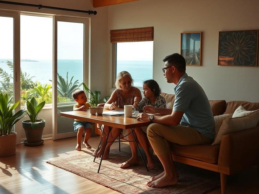 Família diversificada visitando imóvel em São Pedro da Aldeia com vista para o mar e jardim.