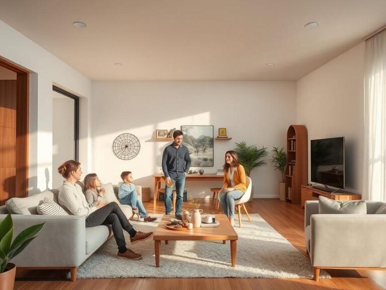 Família diversificada visitando sala de estar de imóvel moderno, expressando entusiasmo na compra de imóveis em São Pedro da Aldeia.