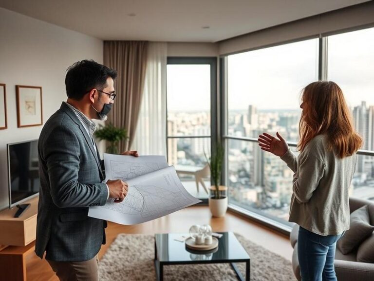 Casal diversificado visitando apartamento moderno com vista para a cidade e conversando com agente imobiliário.