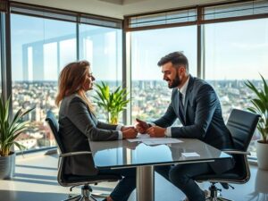 Casal jovem diversificado em consulta com advogado em escritório moderno com vista, abordando compra de imóvel em São Pedro da Aldeia.