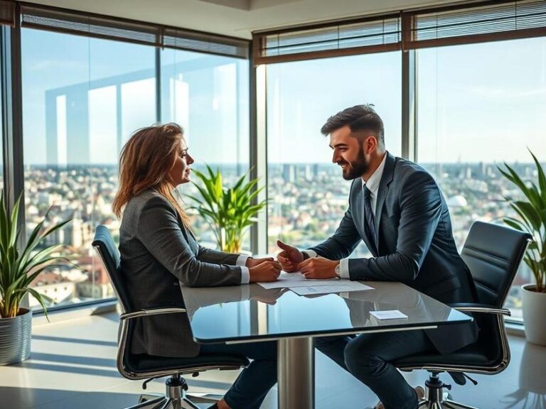 Casal jovem diversificado em consulta com advogado em escritório moderno com vista, abordando compra de imóvel em São Pedro da Aldeia.