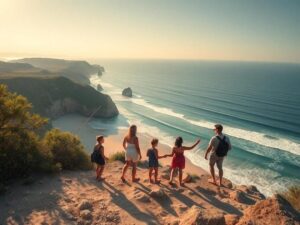 Família diversificada explorando imóvel à beira da praia com vista para lagoas em São Pedro da Aldeia.