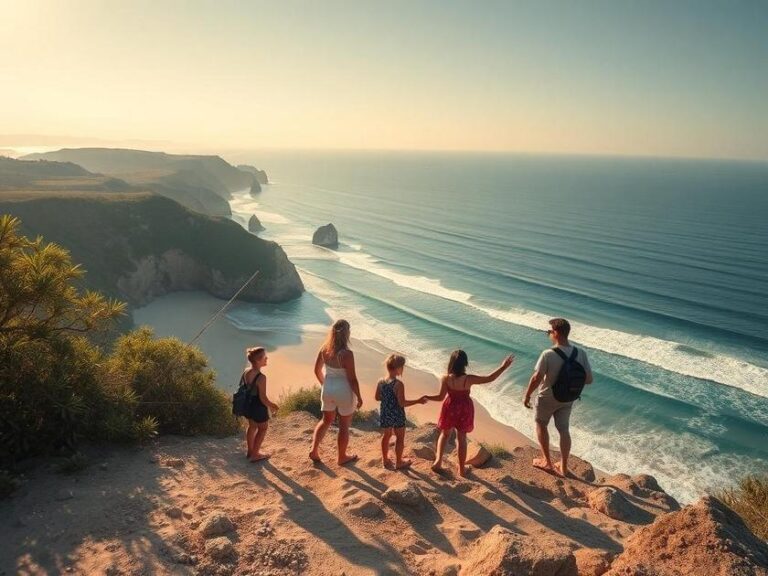 Família diversificada explorando imóvel à beira da praia com vista para lagoas em São Pedro da Aldeia.