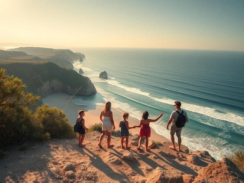 Família diversificada explorando imóvel à beira da praia com vista para lagoas em São Pedro da Aldeia.
