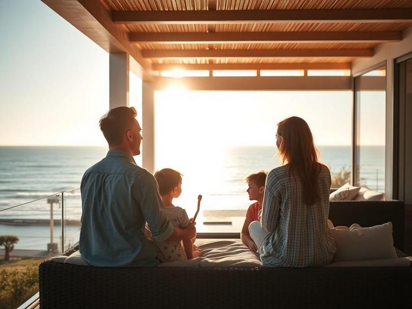 Família visitando imóvel à beira-mar em São Pedro da Aldeia, RJ, com vista deslumbrante e luz do pôr do sol.