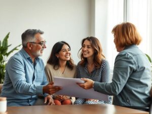 Família diversificada discutindo sobre compra de imóvel em um escritório moderno.