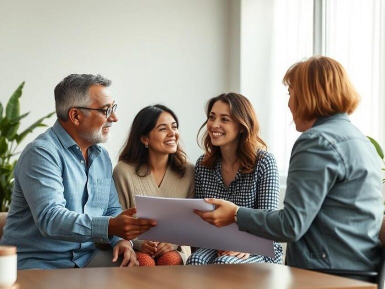 Família diversificada discutindo sobre compra de imóvel em um escritório moderno.