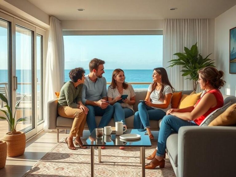 Família diversificada discutindo opções de imóveis em sala de estar com vista para o mar.