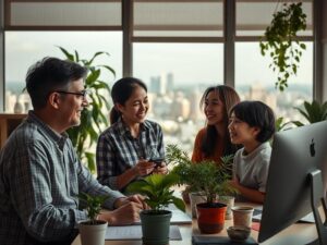 Família diversificada observando plantas de casas em escritório de corretor imobiliário com vista da cidade.