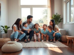 Família diversificada visitando imóvel em São Pedro da Aldeia, interior moderno, luz suave