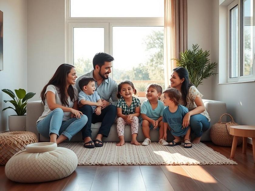 Família diversificada visitando imóvel em São Pedro da Aldeia, interior moderno, luz suave