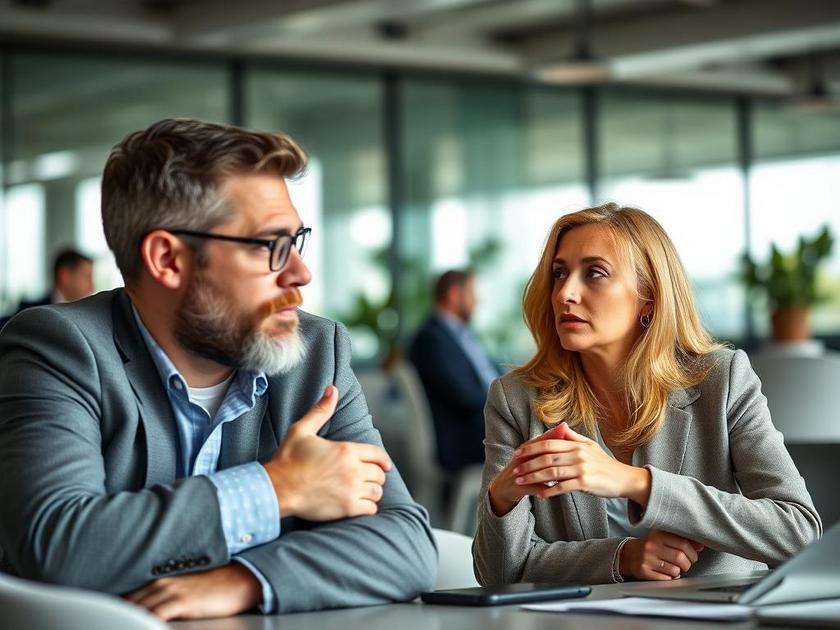 Casal diversificado discutindo opções de financiamento de imóveis em sala de reuniões moderna com materiais de papelaria.