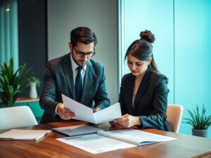 Casal diversificado revisando documentação para compra de imóvel em escritório de consultoria imobiliária.