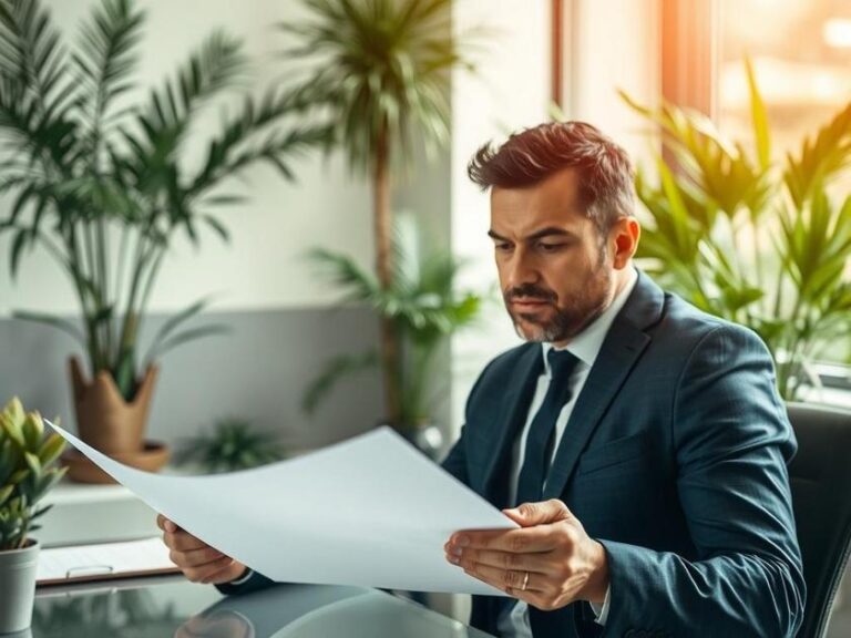 Investidor analisando documentos de compra de imóvel em escritório moderno com plantas e natureza.