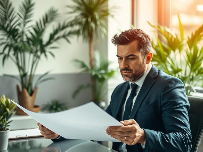 Investidor analisando documentos de compra de imóvel em escritório moderno com plantas e natureza.
