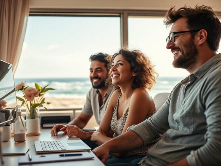 Família diversificada explorando opções de imóveis em escritório com vista para a praia.