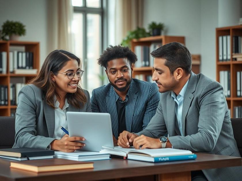 Jovem casal multicultural revisando documentação de compra de imóveis com advogado em escritório moderno.