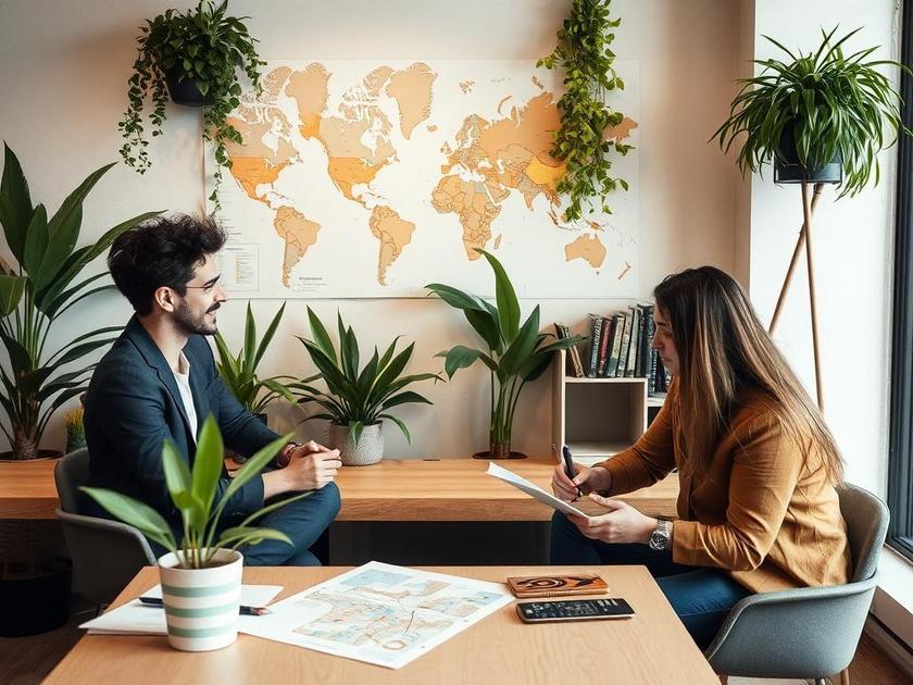 Casal multicultural discutindo opções de imóveis com corretor em escritório moderno com plantas e mapas de localização.