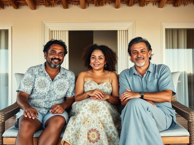 Família diversificada visitando um imóvel de veraneio na praia, expressando entusiasmo durante a visita.