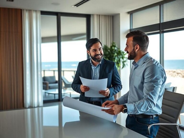 Casal maduro consulta com corretor em escritório moderno com vista para a praia na Região dos Lagos.