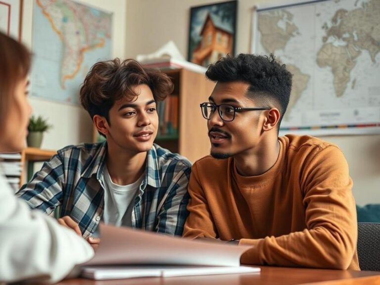 Casal jovem diverso discutindo financiamento de imóvel em escritório com mapas e documentos.