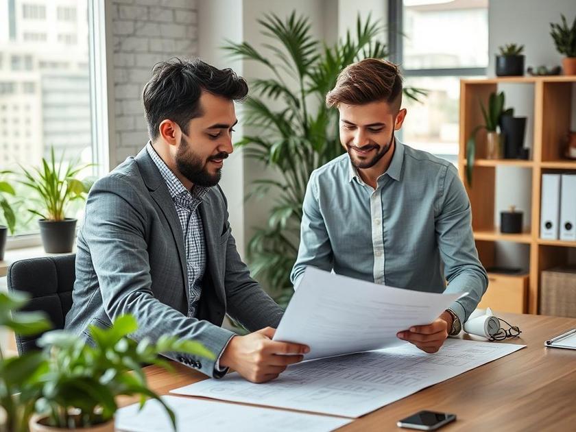 Casal jovem diverso analisando contrato de imóvel em escritório moderno, simbolizando a compra da casa própria.