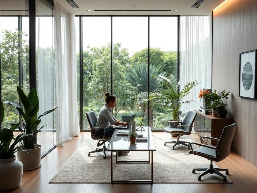 Casal diverso discutindo compra de imóvel em escritório moderno com vista para a natureza.