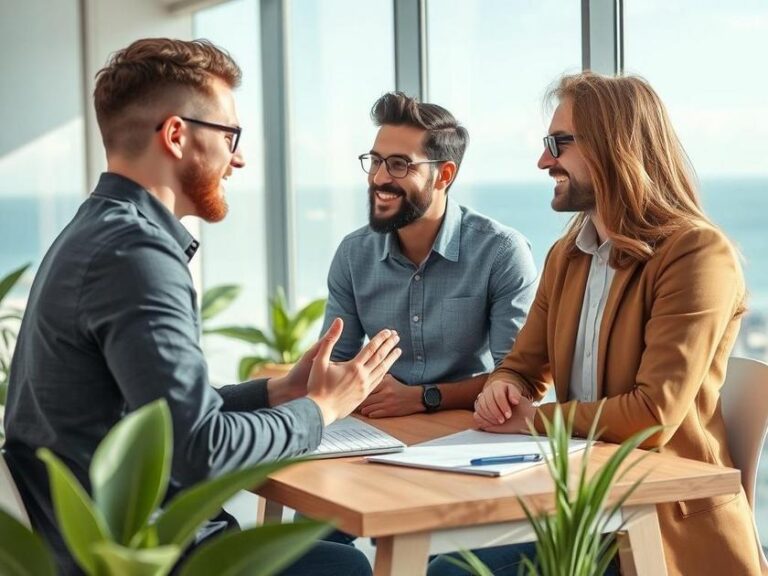 Casal diverso de jovens adultos consultando corretor de imóveis em escritório à beira-mar.